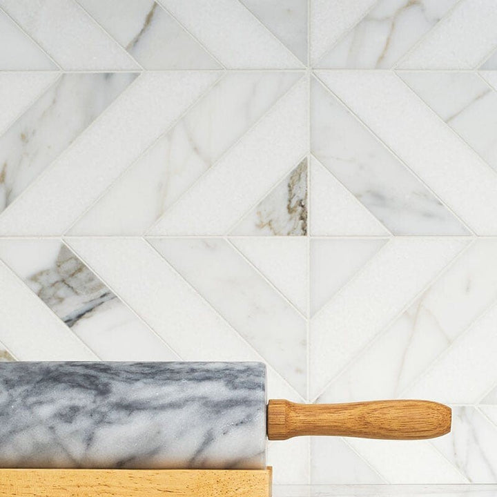 Thassos White, Calacatta Gold Honed Marina Chevron Marble Mosaic (MYS)