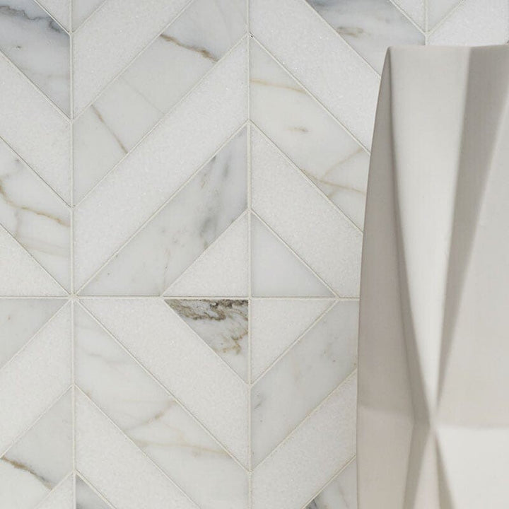 Thassos White, Calacatta Gold Honed Marina Chevron Marble Mosaic (MYS)