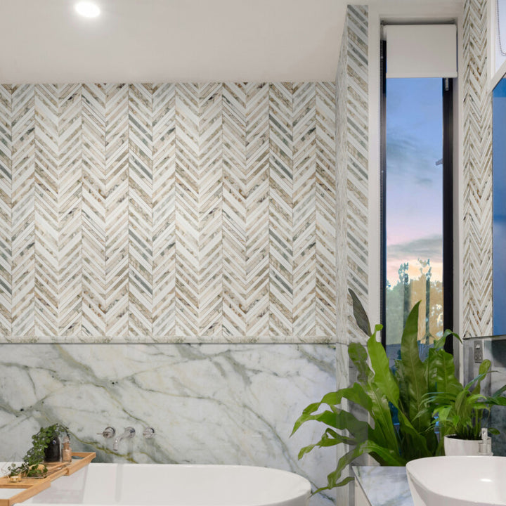 Calacatta Green Honed Thin Chevron Waterjet Marble Mosaic (MYS)