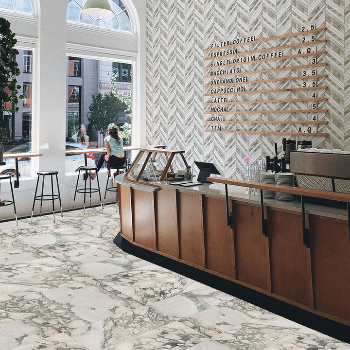 Calacatta Green Honed Thin Chevron Waterjet Marble Mosaic (MYS)