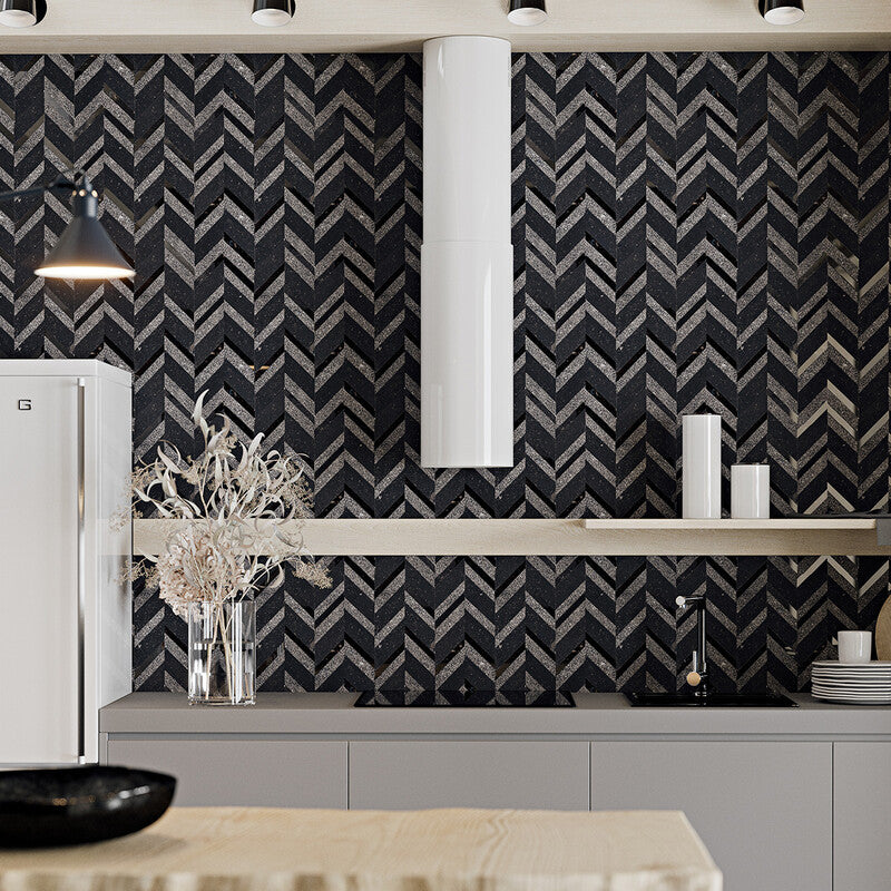 Belgium Blue Textura Chevron Waterjet Limestone Mosaic (MYS)