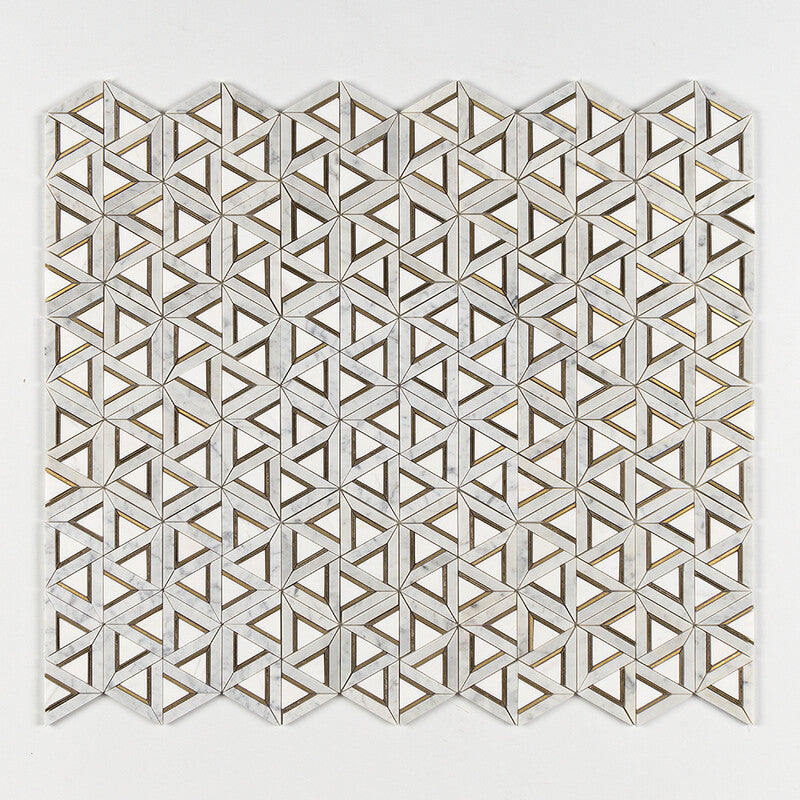 White Carrara, Brass Honed Trillium Waterjet Marble Mosaic (MYS)