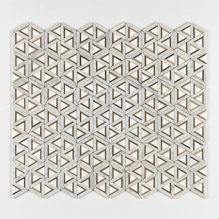 White Carrara, Brass Honed Trillium Waterjet Marble Mosaic (MYS)