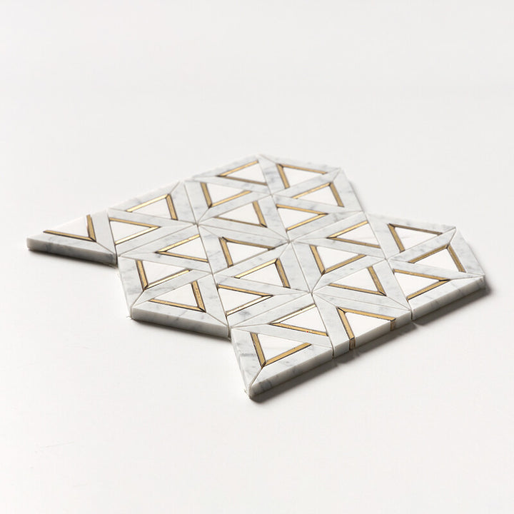 White Carrara, Brass Honed Trillium Waterjet Marble Mosaic (MYS)