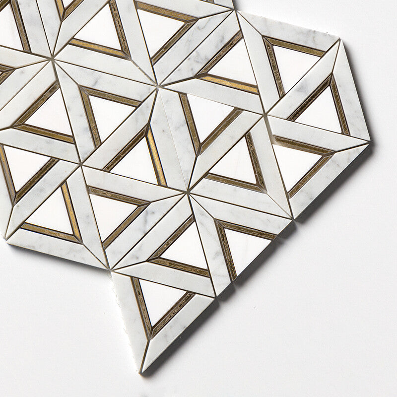 White Carrara, Brass Honed Trillium Waterjet Marble Mosaic (MYS)