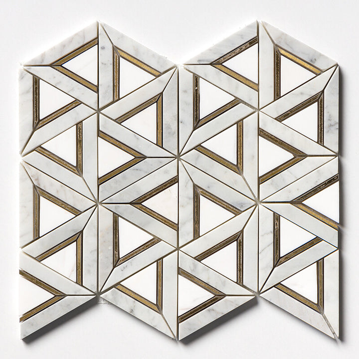 White Carrara, Brass Honed Trillium Waterjet Marble Mosaic (MYS)