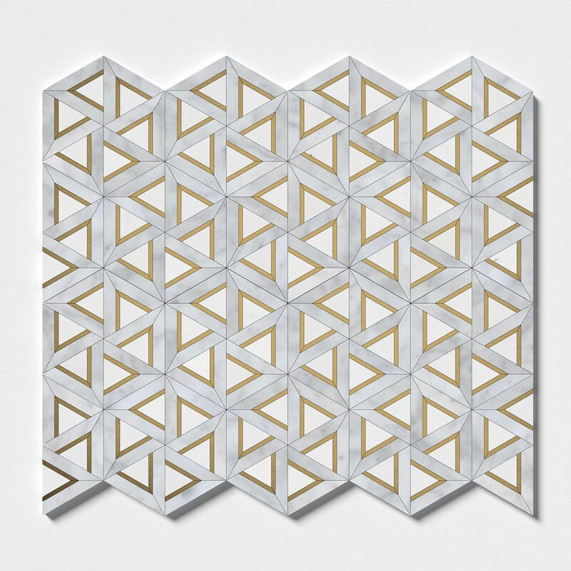 White Carrara, Brass Honed Trillium Waterjet Marble Mosaic (MYS)