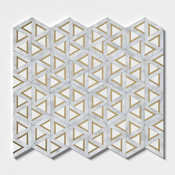 White Carrara, Brass Honed Trillium Waterjet Marble Mosaic (MYS)