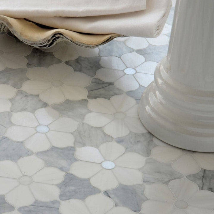 Afyon White, Avenza Dark, Dolomite Multi Finish Theodora Marble Mosaic (MYS)