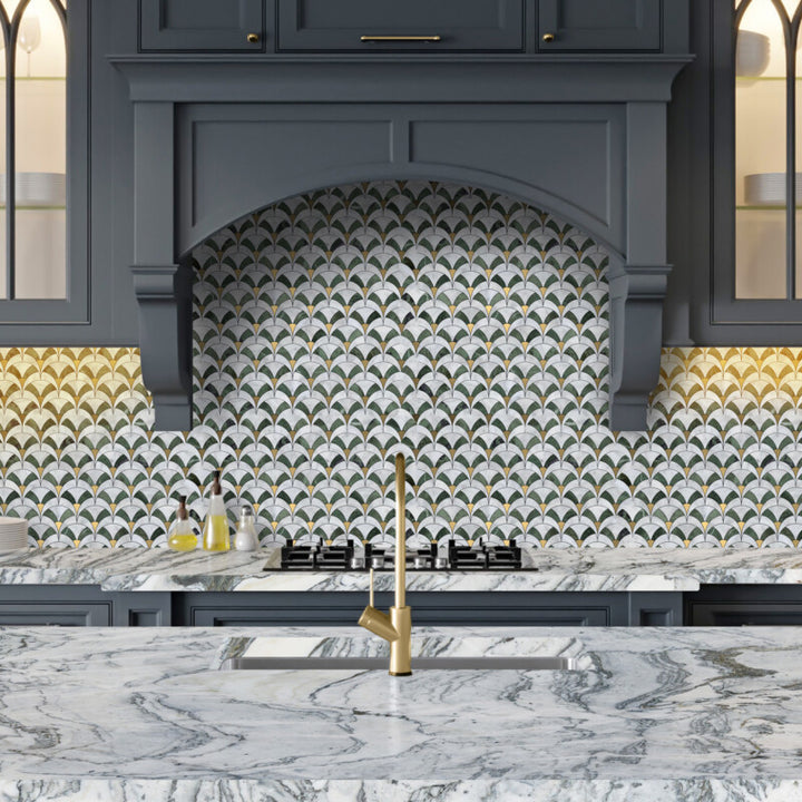 White Carrara, Brass, Verde Tia Honed Sensu Marble Mosaic (MYS)