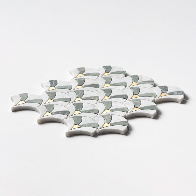 White Carrara, Brass, Verde Tia Honed Sensu Marble Mosaic (MYS)