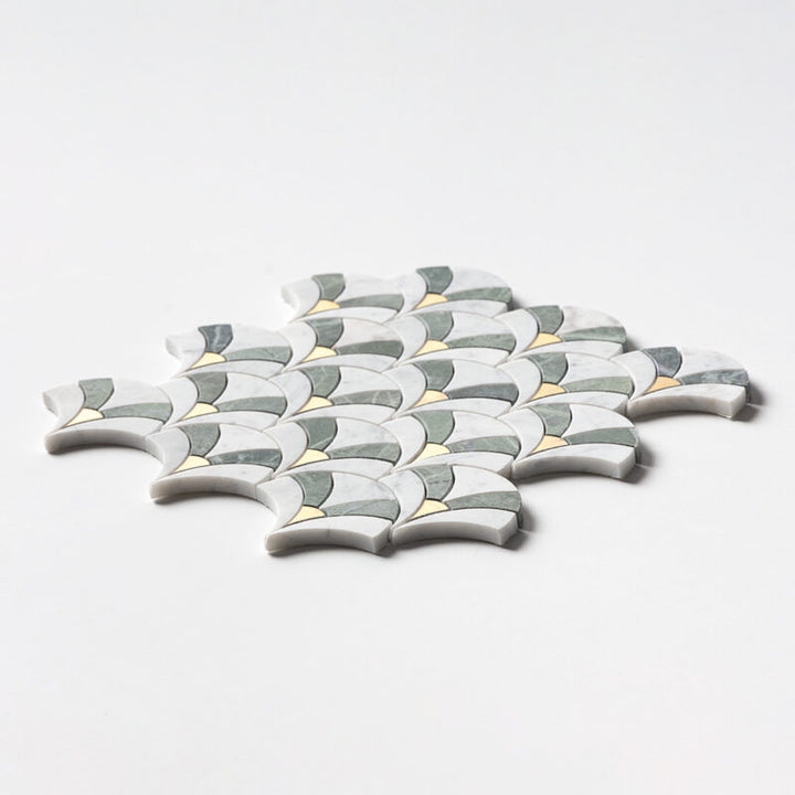 White Carrara, Brass, Verde Tia Honed Sensu Marble Mosaic (MYS)