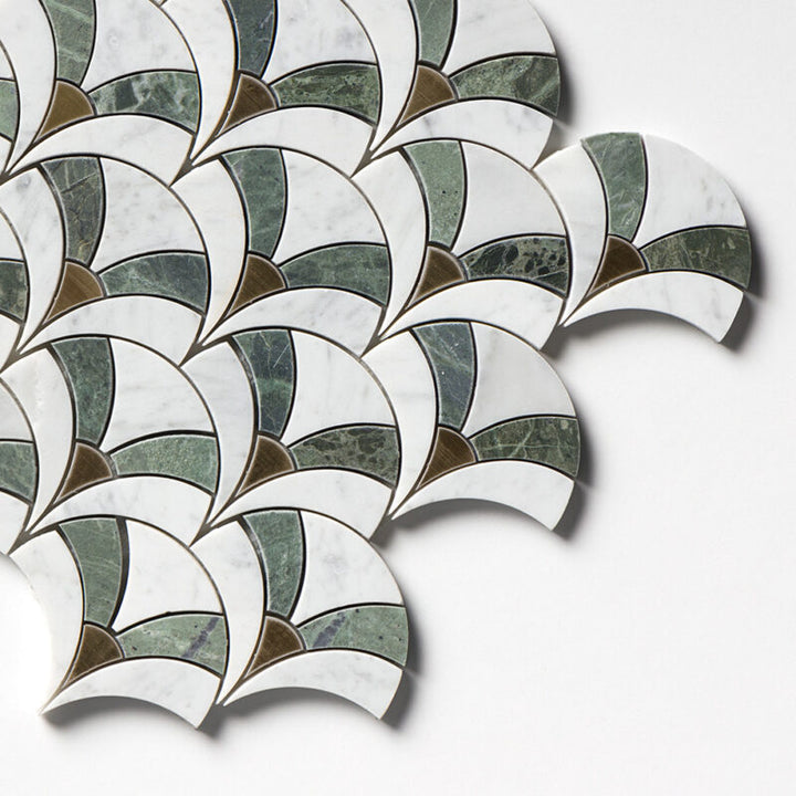 White Carrara, Brass, Verde Tia Honed Sensu Marble Mosaic (MYS)