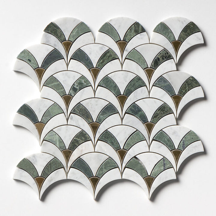 White Carrara, Brass, Verde Tia Honed Sensu Marble Mosaic (MYS)