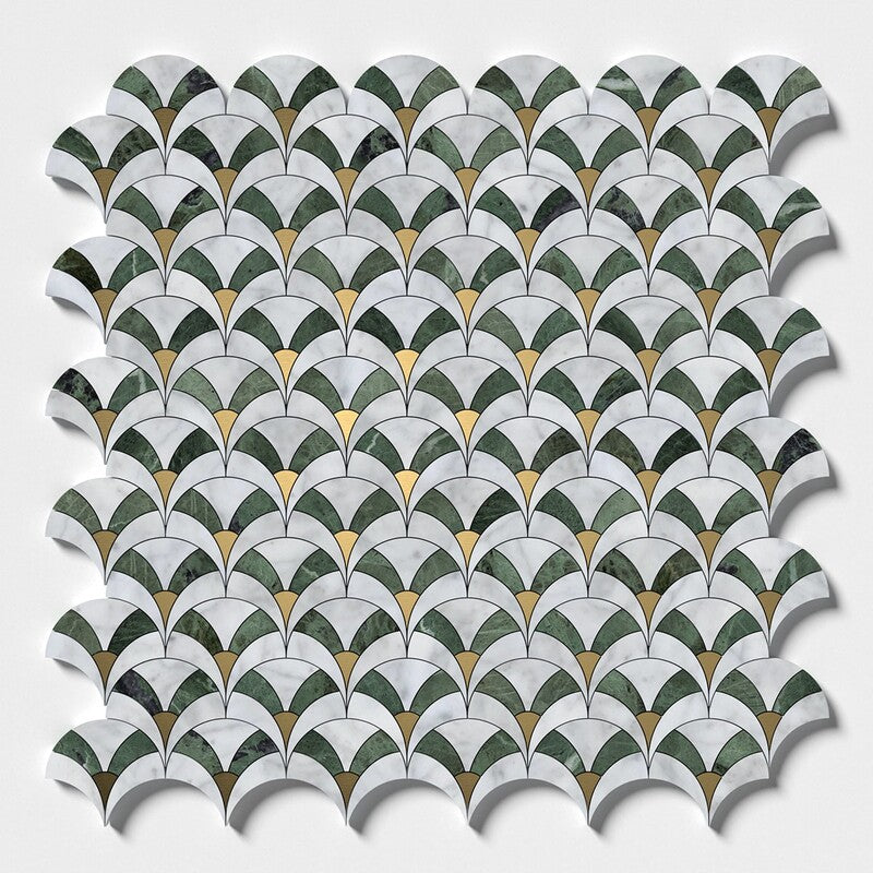 White Carrara, Brass, Verde Tia Honed Sensu Marble Mosaic (MYS)