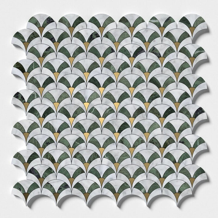 White Carrara, Brass, Verde Tia Honed Sensu Marble Mosaic (MYS)