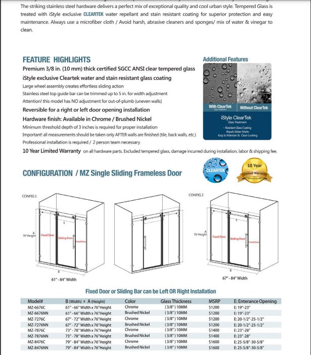 iStyle Shower Door MZ-7276NN 67" - 72" W x 76" H Brushed Nickel