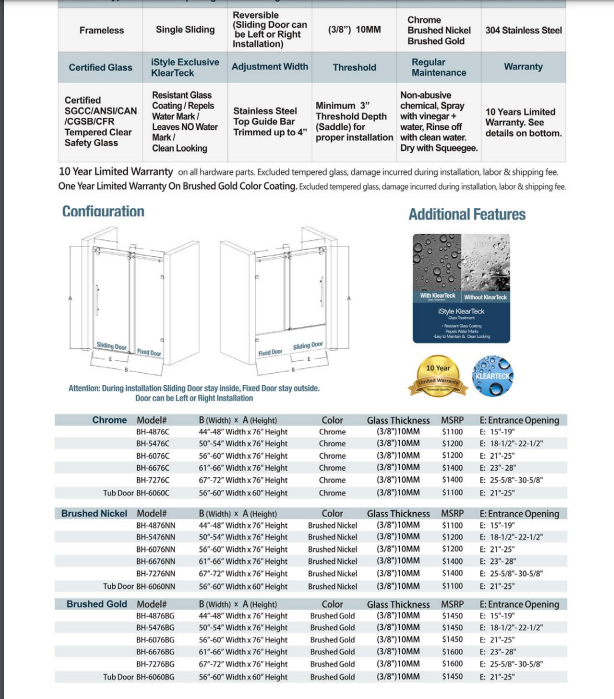 iStyle Shower Door BH Bill Series