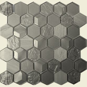 ALH-3 Nickel 2" Glass and Stone Hexagon Mosaic