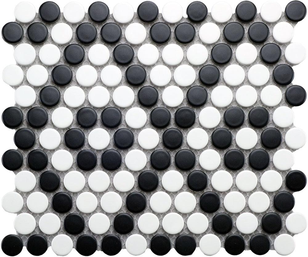 CC Mosaic Series Black and White Matte Penny Round on 12" x 12" UFCCBLW-12M