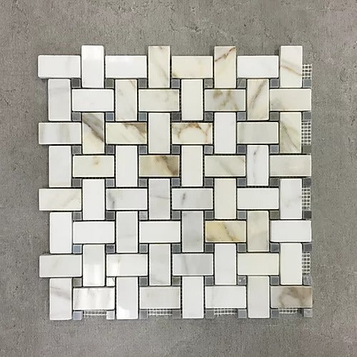 Elegant Mosaic CC10 Calacatta, Gray Dots Basket Weave on 12. 5" x 12.5"
