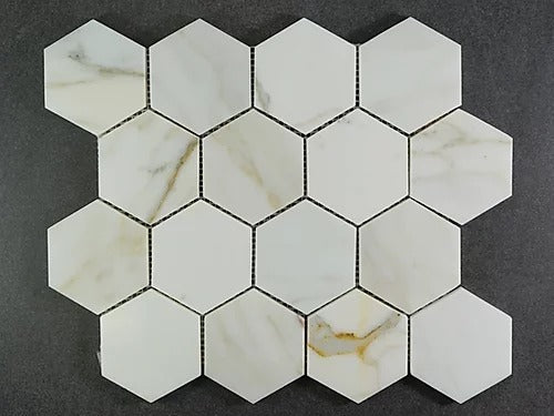 Elegant Mosaic CC60 Calacatta 3" Hexagon on 13.75" x 11.5"