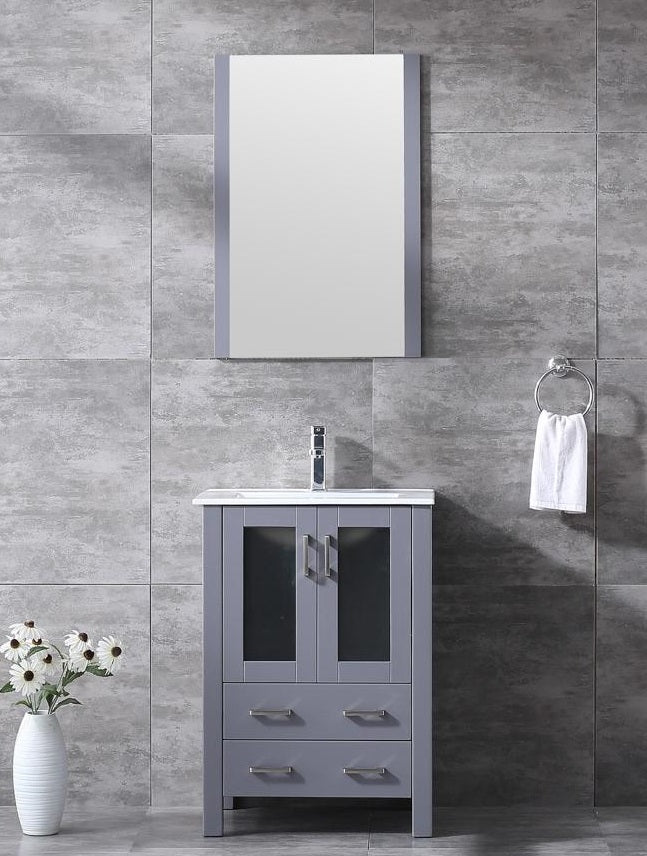 Lexora Volez 24" Dark Grey Single Vanity, Integrated Top, White Integrated Square Sink and 22" Mirror LV341824SBESM22