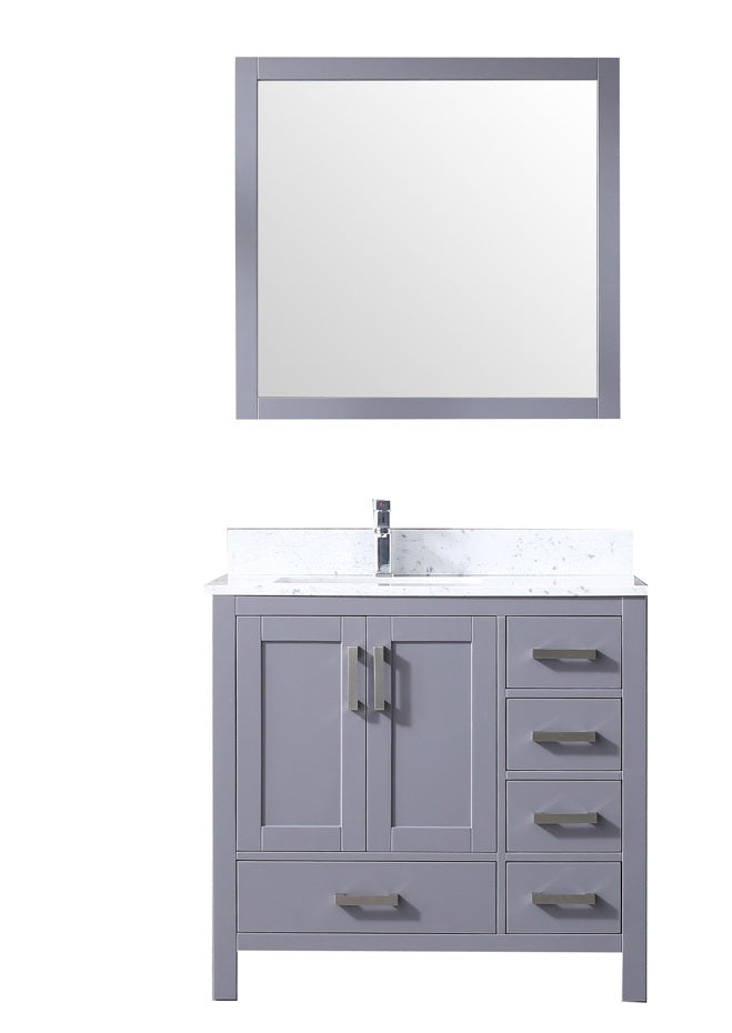 Lexora Jacques 36" Dark Grey Single Vanity, White Carrara Marble Top, White Square Sink and 34" Mirror - Left Version  LJ342236SBDSM34-L