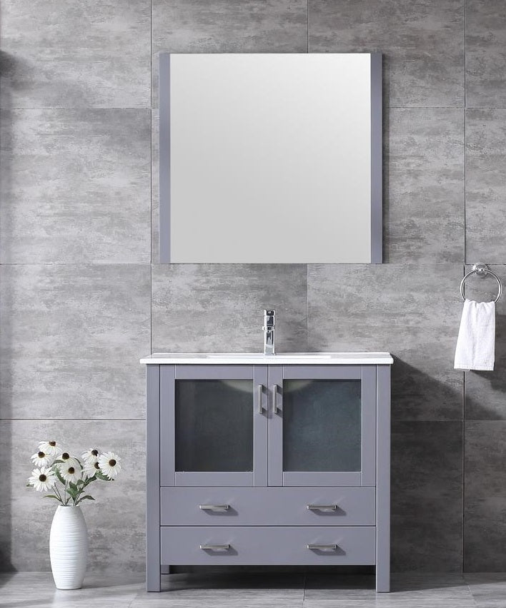 Lexora Volez 36" Dark Grey Single Vanity, Integrated Top, White Integrated Square Sink and 34" Mirror LV341836SBESM34