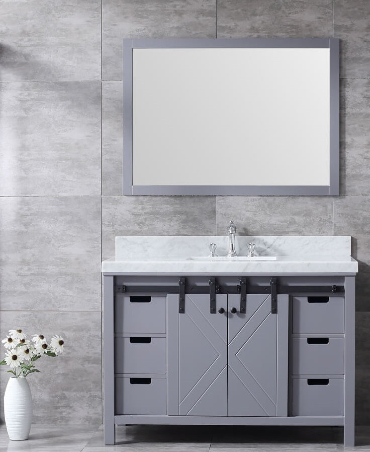Lexora Marsyas 48" Dark Grey Single Vanity, White Carrara Marble Top, White Square Sink and 44" Mirror LM342248SBBSM44