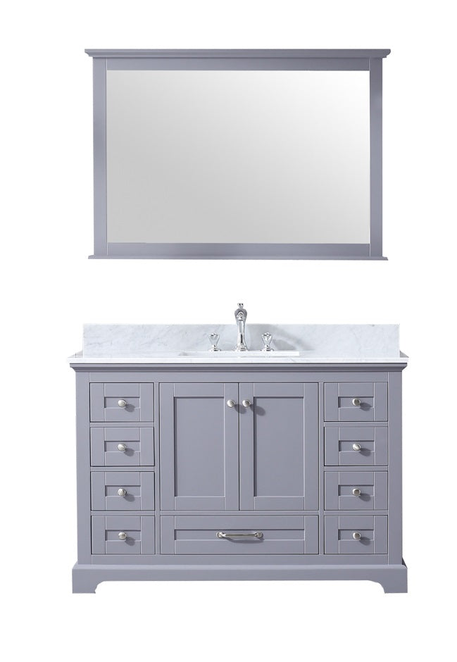 Lexora Dukes 48" Dark Grey Single Vanity, White Carrara Marble Top, White Square Sink and 46" Mirror LD342248SBDSM46