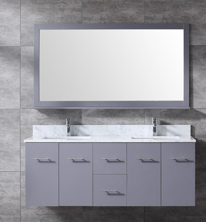 Lexora Amelie 60" Dark Grey Double Vanity, White Carrara Marble Top, White Square Sinks and 60" Mirror LA222260DBDSM60