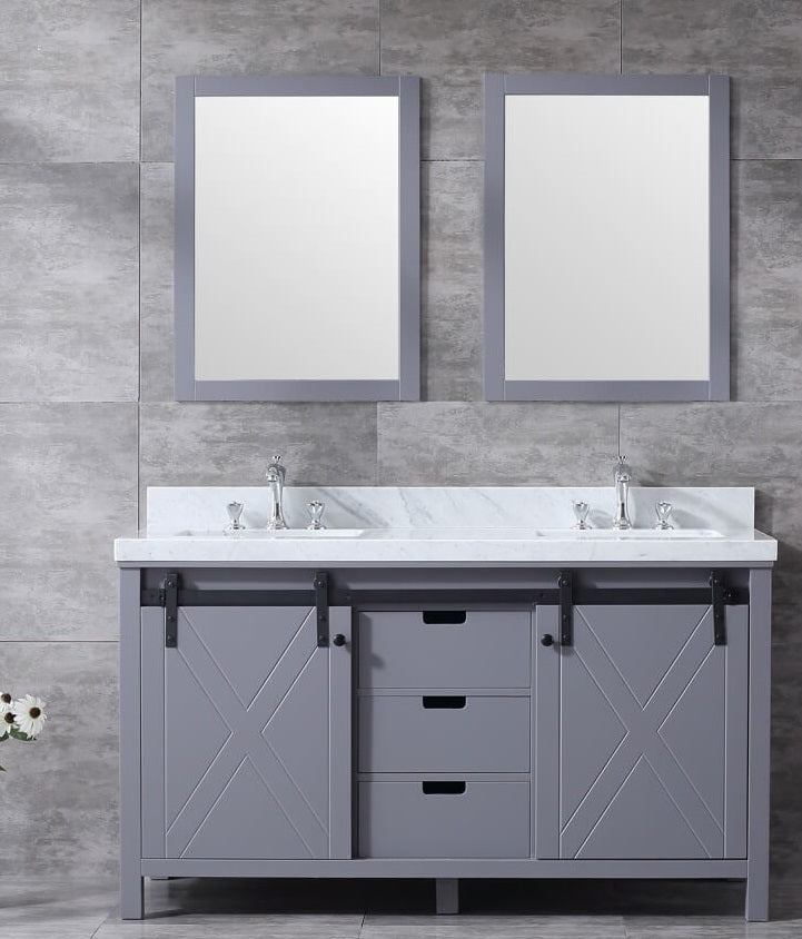 Lexora Marsyas 60" Dark Grey Double Vanity, White Carrara Marble Top, White Square Sinks and 24" Mirrors LM342260DBBSM24