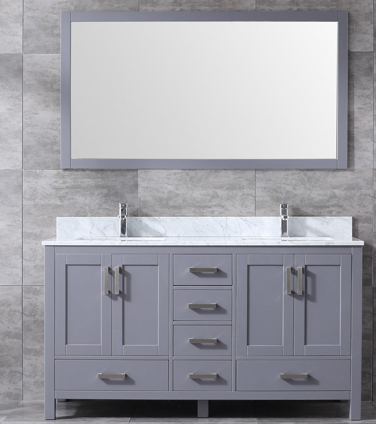 Lexora Jacques 60" Dark Grey Double Vanity, White Carrara Marble Top, White Square Sinks and 58" Mirror  LJ342260DBDSM58