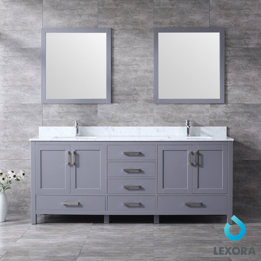 Lexora Jacques 80" Dark Grey Double Vanity, White Carrara Marble Top, White Square Sinks and 30" Mirrors LJ342280DBDSM30