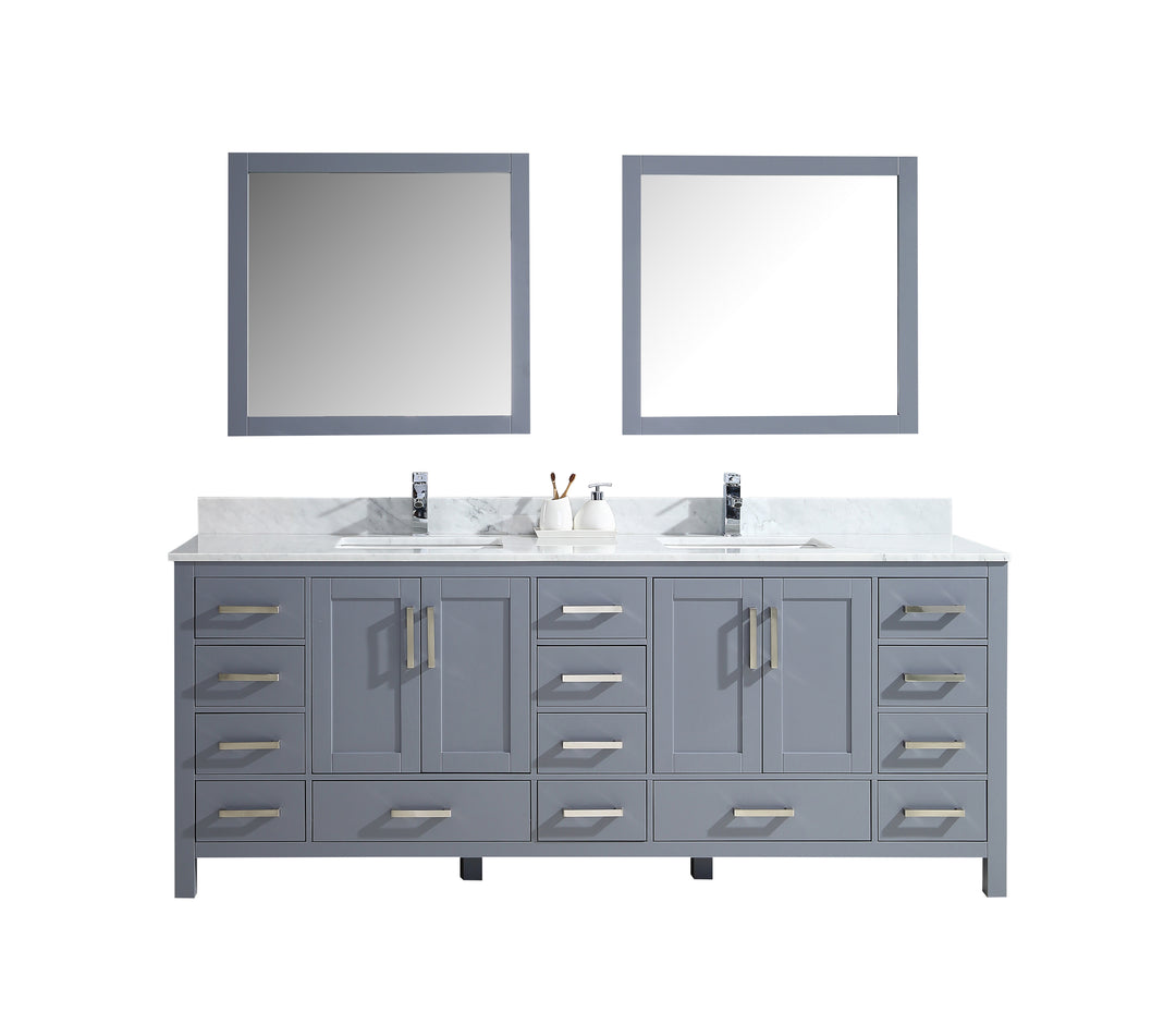 Lexora Jacques 84" Dark Grey Double Vanity, White Carrara Marble Top, White Square Sinks and 34" Mirrors LJ342284DBDSM34