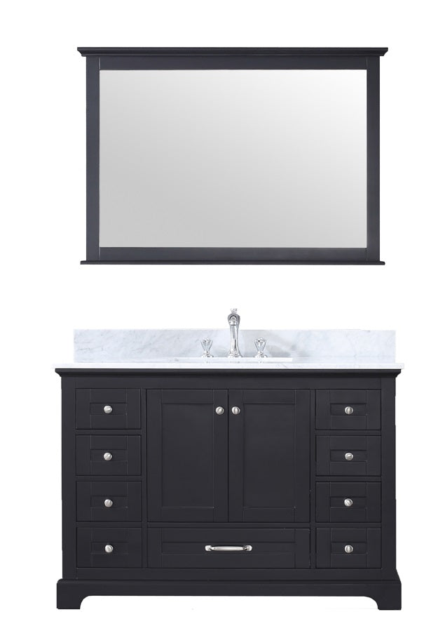 Lexora Dukes 48" Espresso Single Vanity, White Carrara Marble Top, White Square Sink and 46" Mirror LD342248SGDSM46