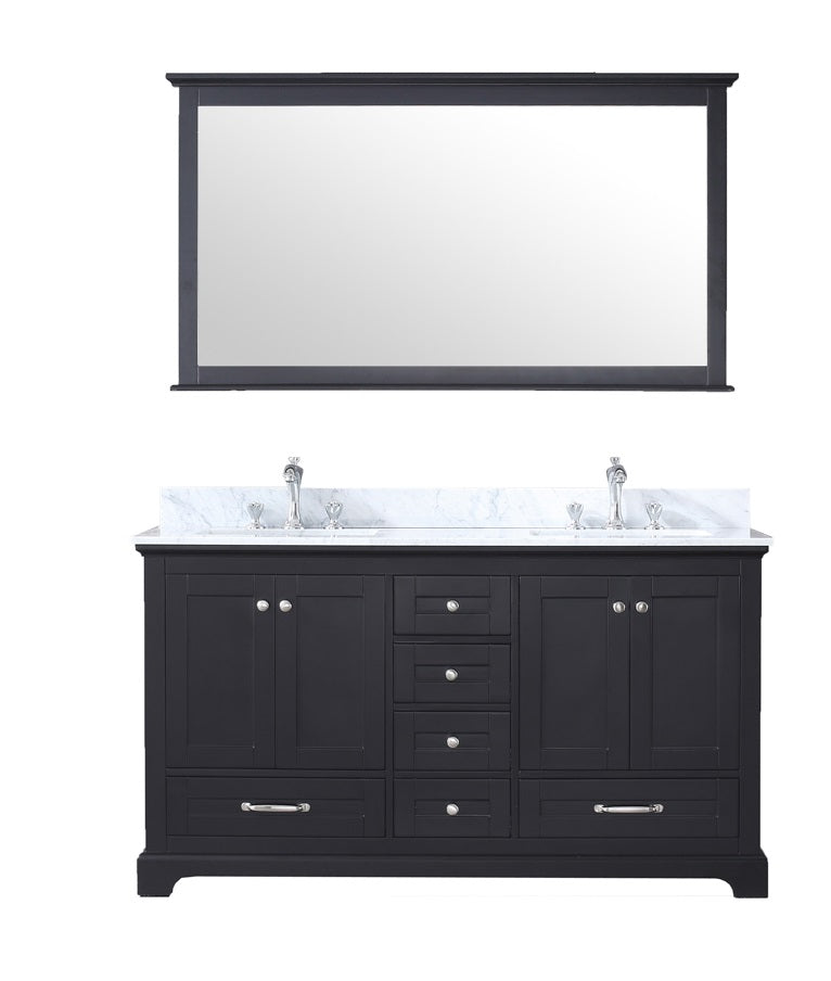 Lexora Dukes 60" Espresso Double Vanity, White Carrara Marble Top, White Square Sinks and 58" Mirror LD342260DGDSM58