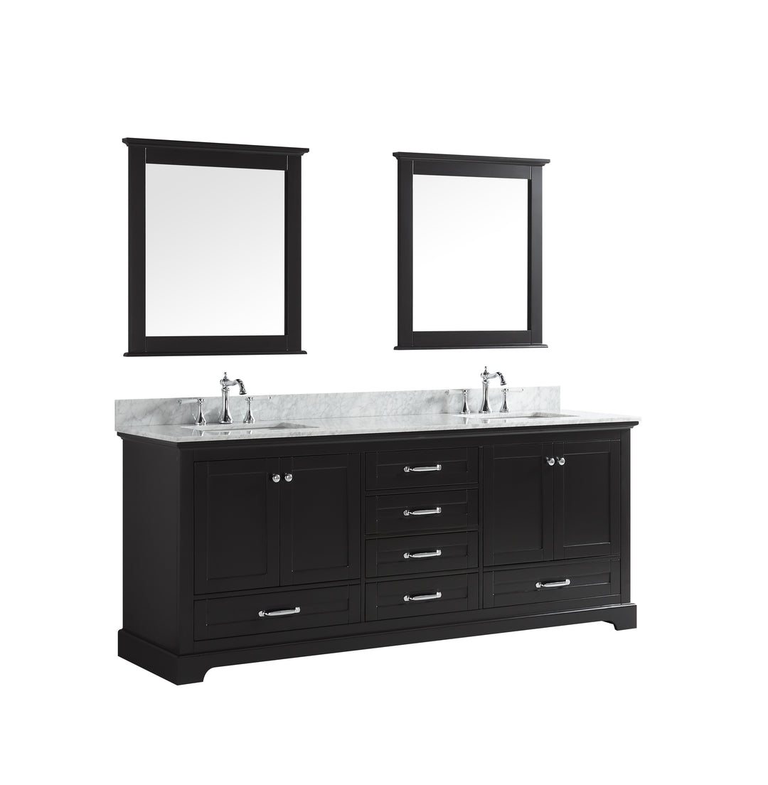 Lexora Dukes 80" Espresso Double Vanity, White Carrara Marble Top, White Square Sinks and 30" Mirrors LD342280DGDSM30