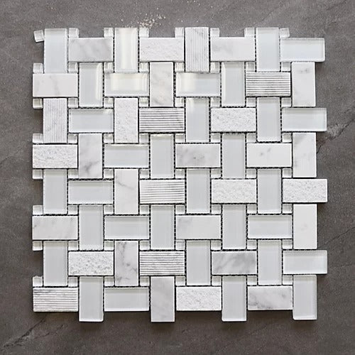 Elegant Mosaic GBW1 White Carrara & Glass Basket Weave on 12-3/8" x 12-3/8"