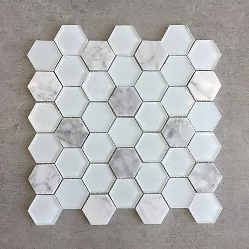 Elegant Mosaic GHT1 White Carrara and Glass 2" Hexagon on 12.5" x 13"