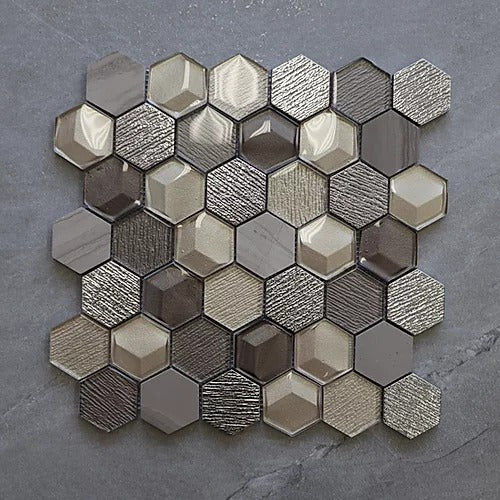 Elegant Mosaic GHT2 Anthen Gray and Glass 2" Hexagon on 12.5" x 13"