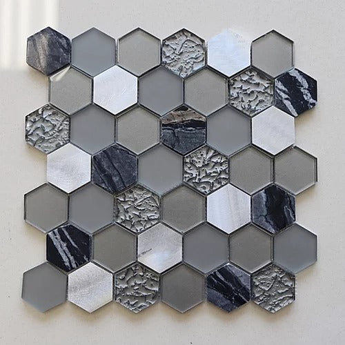 Elegant Mosaic GHT4 Aluminum, Gray Stone, and Glass 2" Hexagon on 12.5" x 13"