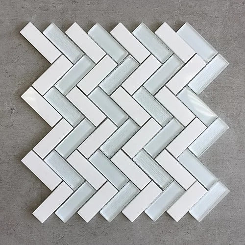 Elegant Mosaic GLH1 Thassos White + Glass 1" x 3" Herringbone on 14.25" x 13.5"