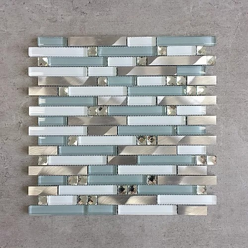 Elegant Mosaic GMS20 Blue + White Glass + Silver Aluminum Random on 12-3/8" x 11.75"