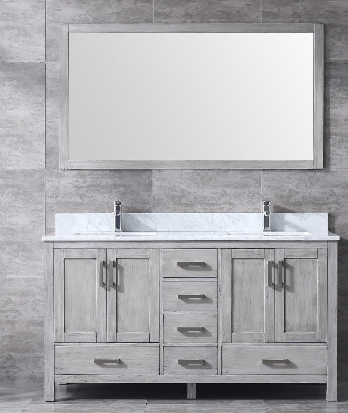 Lexora Jacques 60" Distressed Grey Double Vanity, White Carrara Marble Top, White Square Sinks and 58" Mirror  LJ342260DDDSM58
