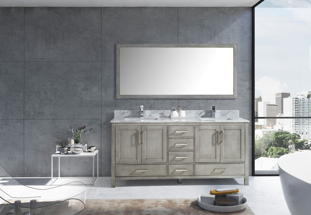 Lexora Jacques 72" Distressed Grey Double Vanity, White Carrara Marble Top, White Square Sinks and 70" Mirror LJ342272DDDSM70