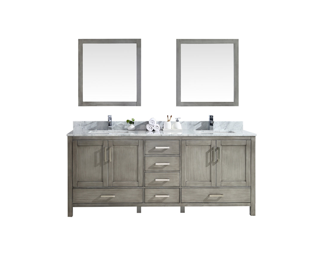 Lexora Jacques 80" Distressed Grey Double Vanity, White Carrara Marble Top, White Square Sinks and 30" Mirrors LJ342280DDDSM30