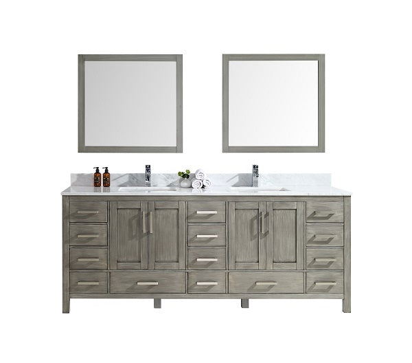 Lexora Jacques 84" Distressed Grey Double Vanity, White Carrara Marble Top, White Square Sinks and 34" Mirrors LJ342284DDDSM34