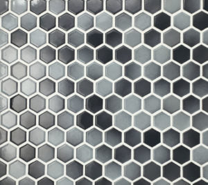 Glazed Hexagon Mosaic Gray Mix 1" Hex on 12" x 12" Glossy MIKGMIX01A